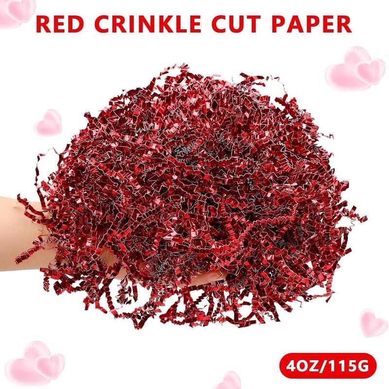 Jansun 115g/4oz Valentine's Day Crinkle Cut Paper, Metallic Red Paper Shred Filler with Red Pink Heart Confetti for Gift Wrapping Craft Gift Box Basket Filler Valentines Wedding Party Decorations - Image 2